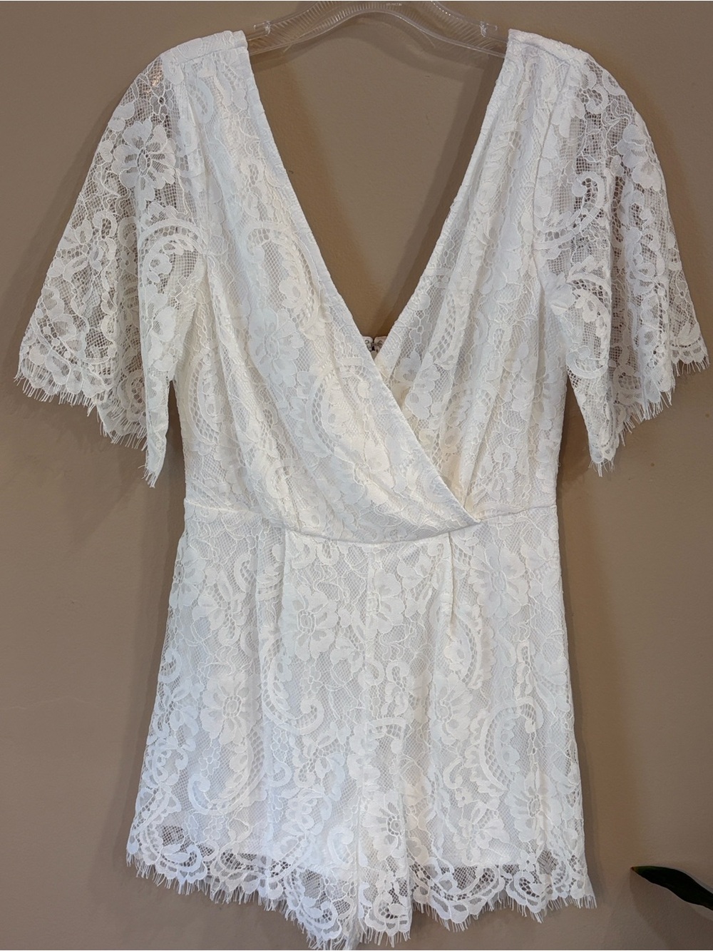 Trixxi White Lace Surplice Mini Romper, S